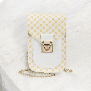 Elegant Checkered Crossbody Bag, White and Gold. Shoulder chain included.